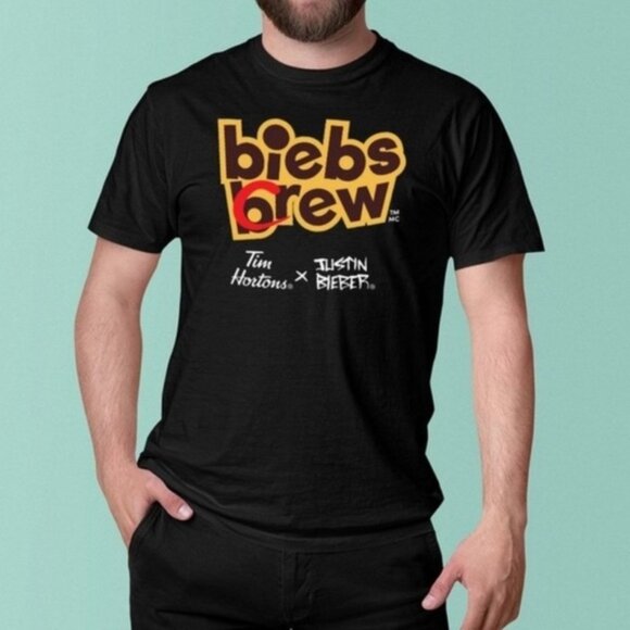 Justin Bieber x Tim Hortons Biebs Brew Crew Coffee TShirt - Picture 1 of 7
